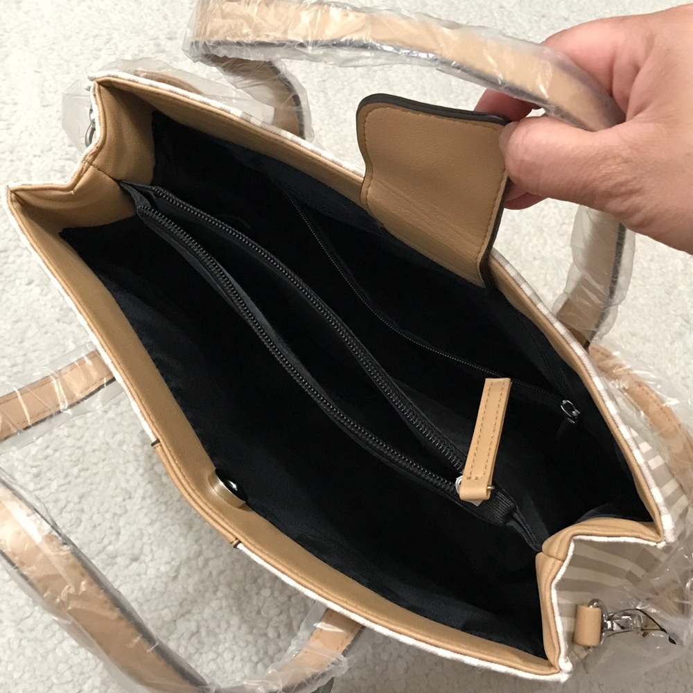 Tahari $149 MSRP Striped Satchel Bag + Dustbag Vegan Leather Cream - Picture 10 of 15